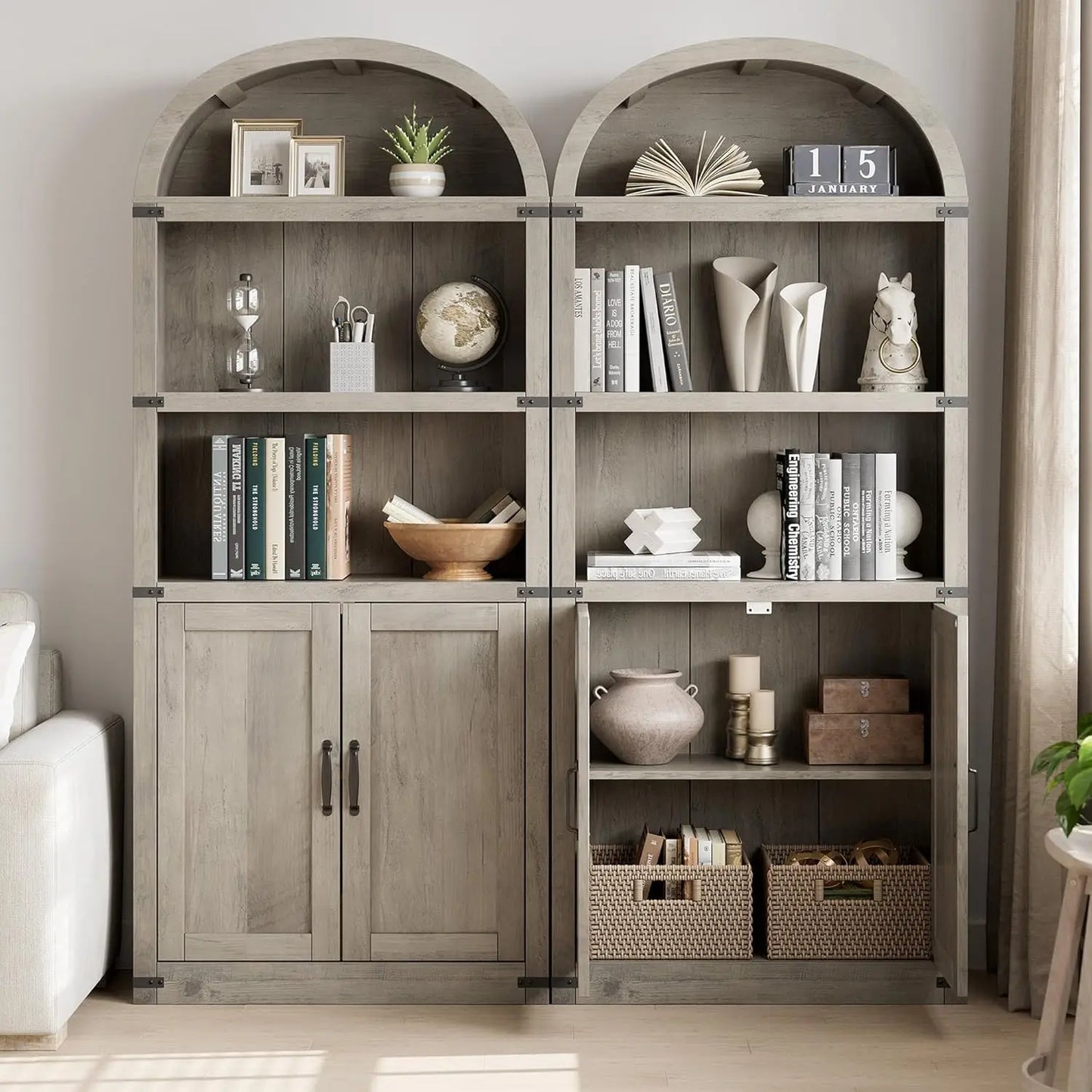 Bookcase with Doors Arched Bookshelf 71.65in Tall Bookcase Farmhouse Cabinet with Shelves Wooden Bookshelves for Home Office