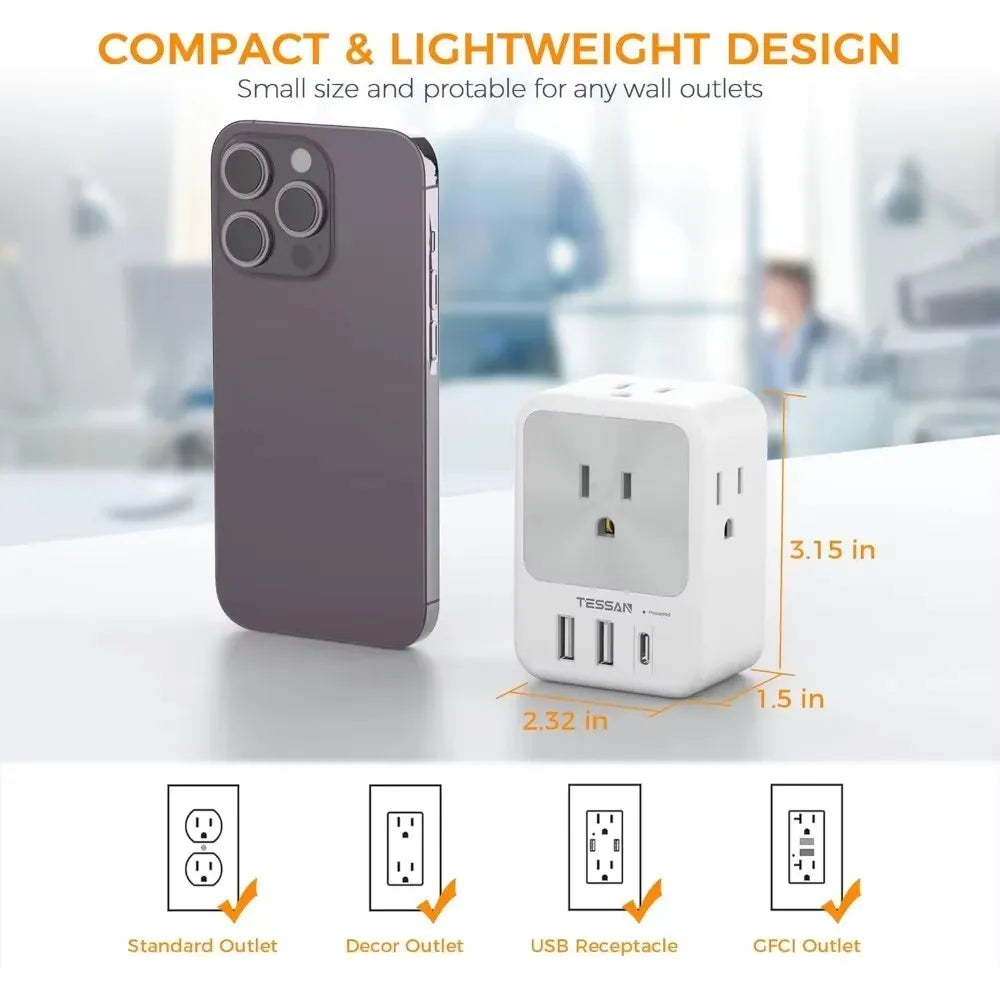 TESSAN US Plug Power Strip with 4AC Outlet and 3USB Charging Port Multi-Contacts Electrical Socket with Surge Protector for Home