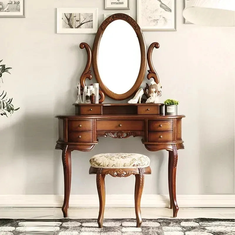 -European Solid Wood Mirror Table Bedroom Dresser Amercia Princess Furniture Dark Villa Luxury Carved Makeup Table Dressing Tabl