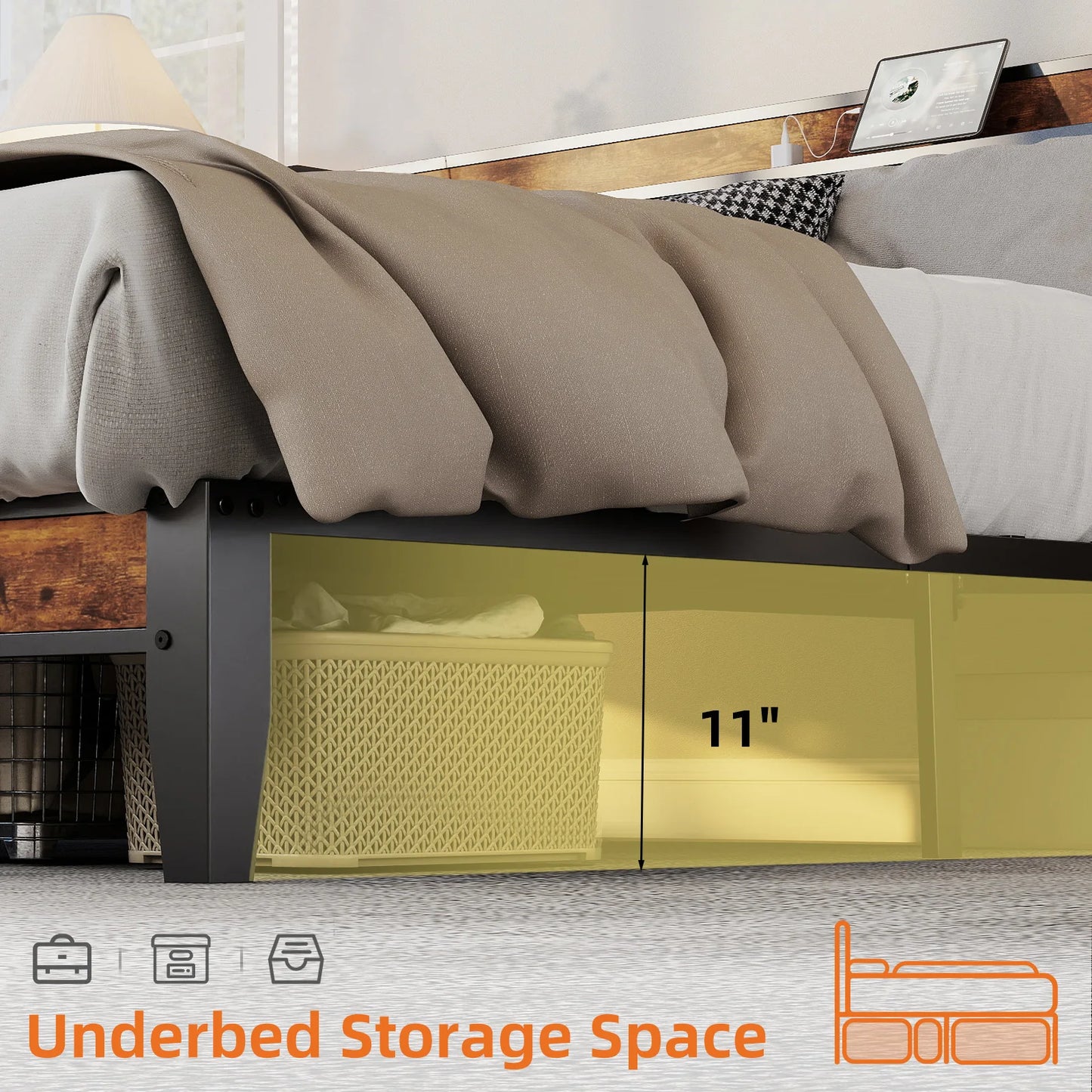 MCQ Twin Size Metal Bed Frame with Storage Headboard No Box Spring Needed Easy Assembly Durable Squeak-Free Frame With USB Charging Station For Home Bedroom