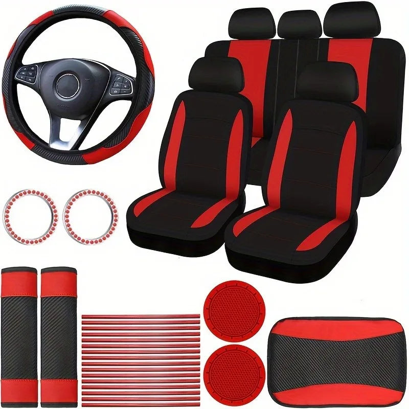 Women's Car Interior 37-Piece Set - Polyester Seat Covers, PU Steering Wheel Cover, Shoulder Pads, Decorative Strips  etc
