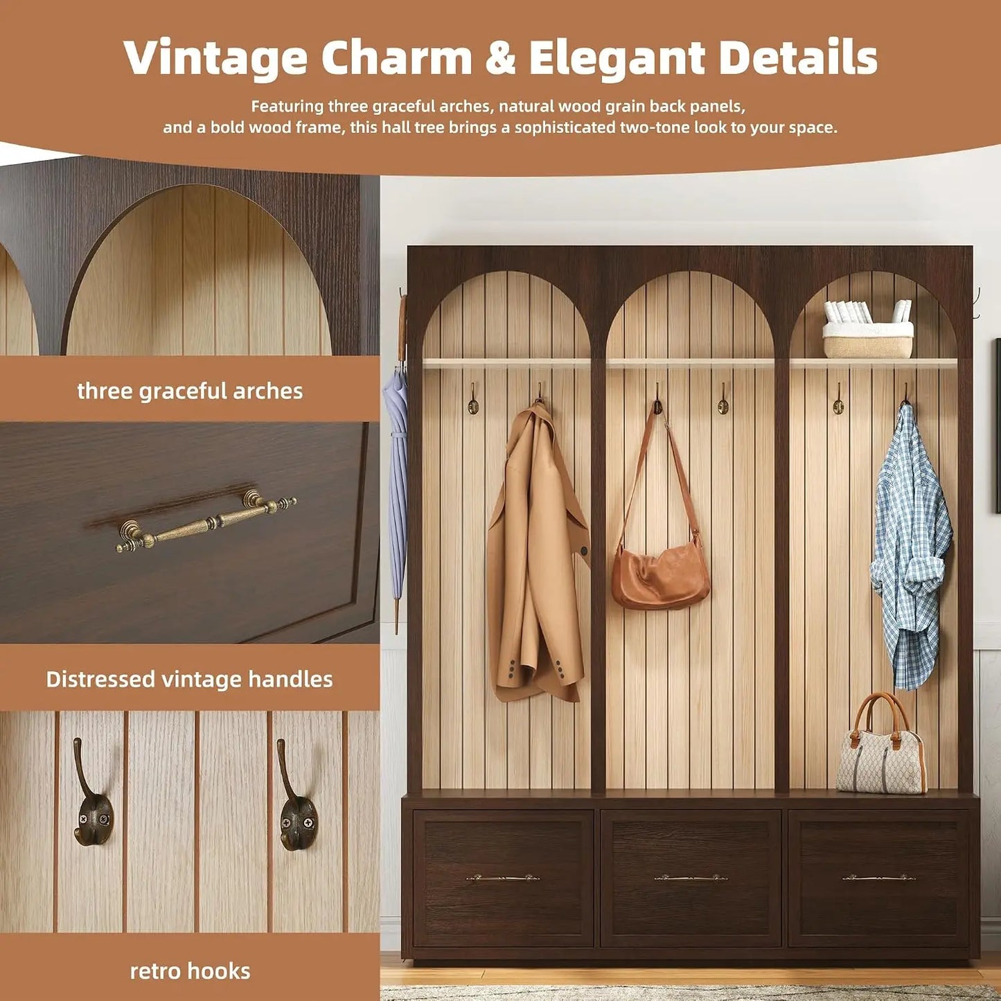 Farmhouse Wood Hall Tree with Shoe Bench & 3 Drawers, 4-in-1 Coat Rack 8 Hooks for Entryway, Hallway