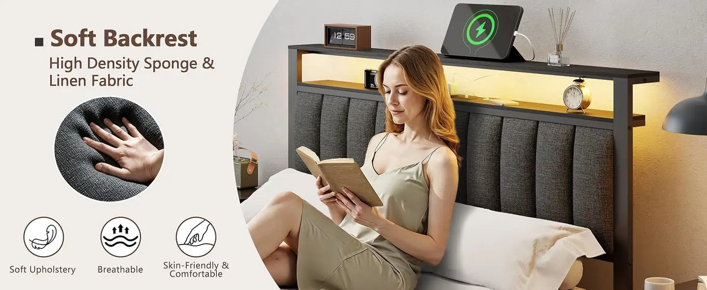 Queen Bed Frame with Charging Station and LED Lights, Grey Upholstered Headboard with Shelves, Metal Platform Bed with 2 Under-Bed Storage (Fabric Drawer on Wheels), No Box Spring Needed