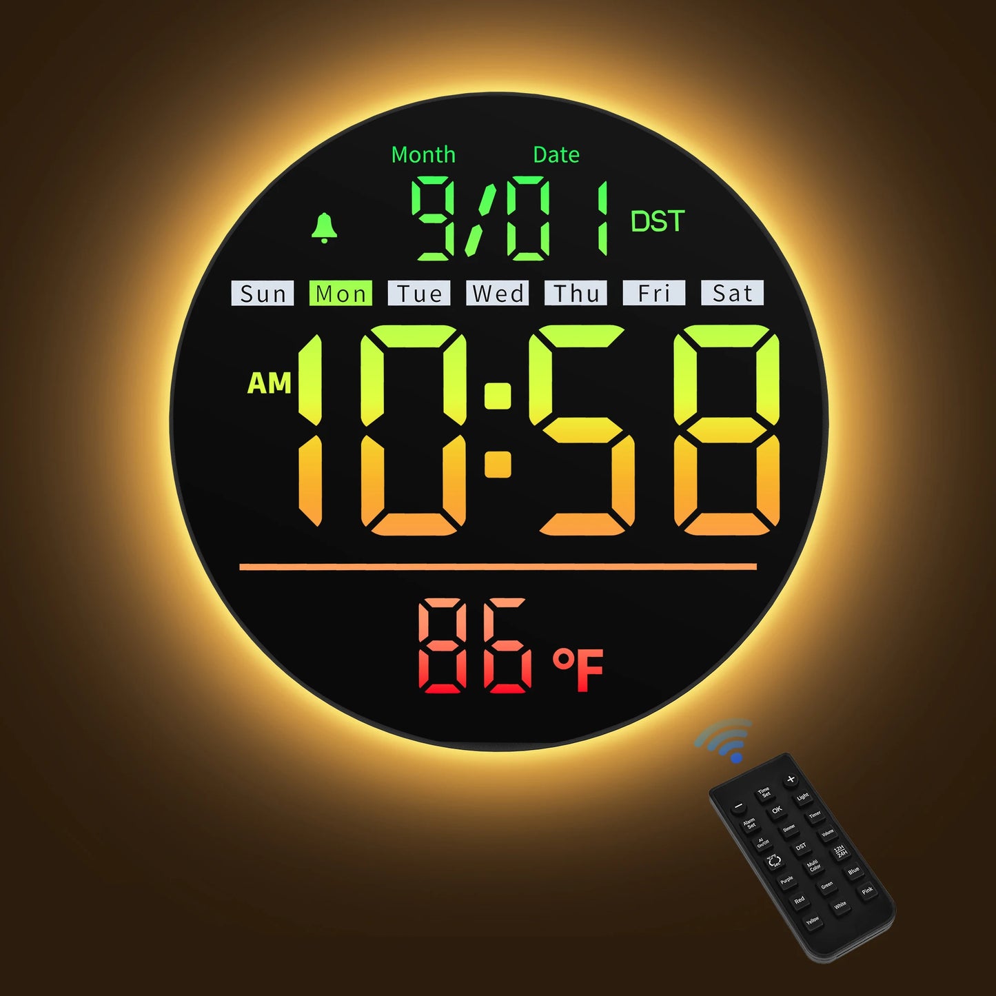 8‘’LED Wall Clockwith Timer,Temperature,Date,Night Light,RGB Color,Alarm,5-Level BrightnessDigital Clock for Classroom,Bedroom