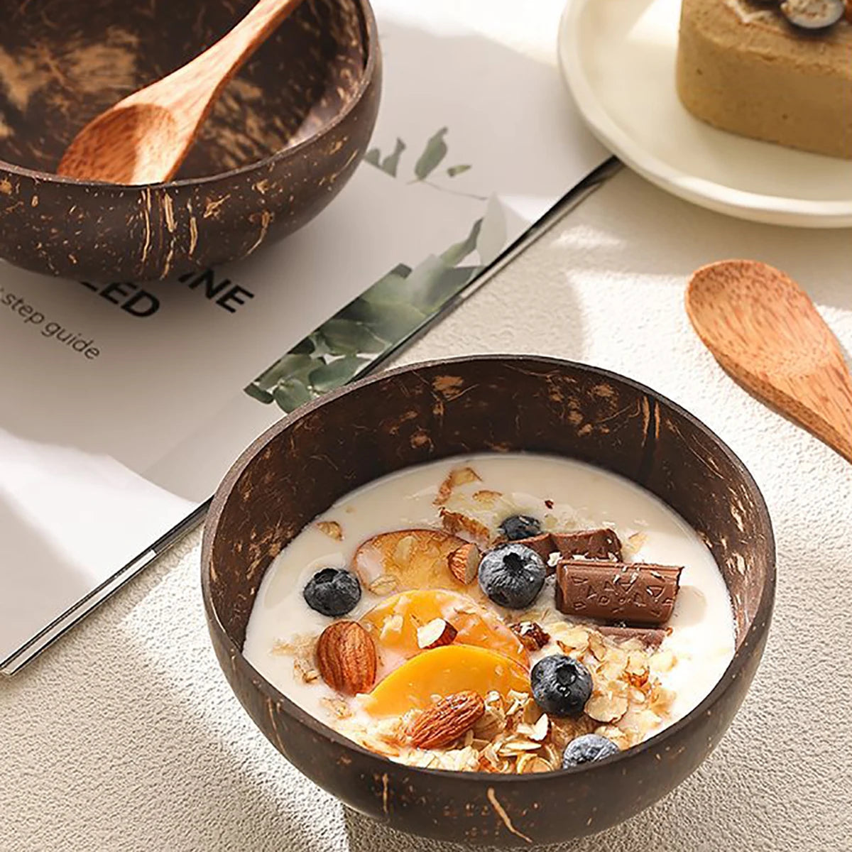 Natural Coconut Shell Bowl And Spoon Set For Serving Dishes Salad Wooden Reusable Kitchen Tableware Coconut Bowls Fruit Bowl