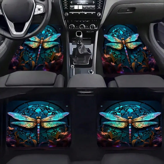 2pcs/4pcs Dragonfly Pattern Printed Car Floor Mats - Universal Front And Rear Interior Decoration Additions, Suitable for Sedans