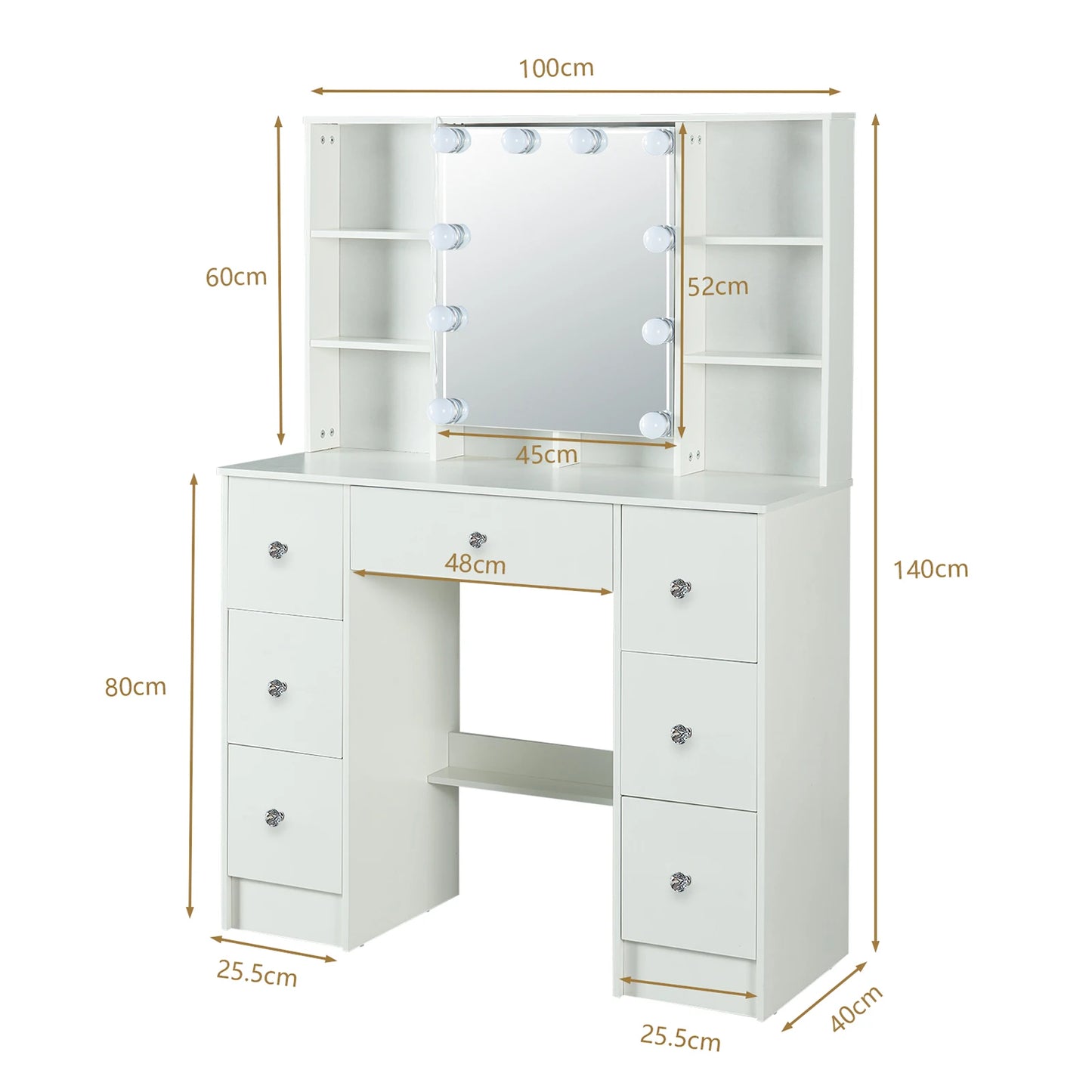 Large LED Vanity Dressing Table Set with Mirror, 7 Drawers Storage Makeup Desk, Crystal Pull Handles, Dimmable Glam Decor for Bedroom