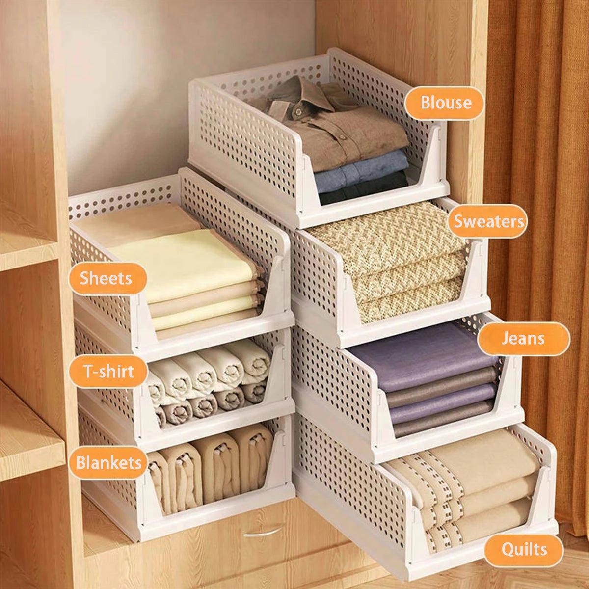 Stackable Storage Basket Plastic Folding Closet Organizers Storage Box Wardrobe Drawer Units layered Partition Storage rack