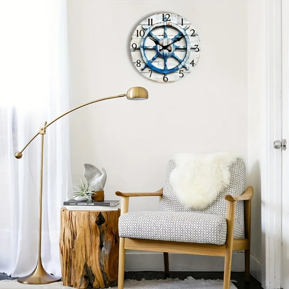 1pc 2D Flat Wall Clock Non-Ticking Wooden, Circular Clock Nautical Wooden Ship Wheel Design for Kitchen, Study Room, Hallway, Li