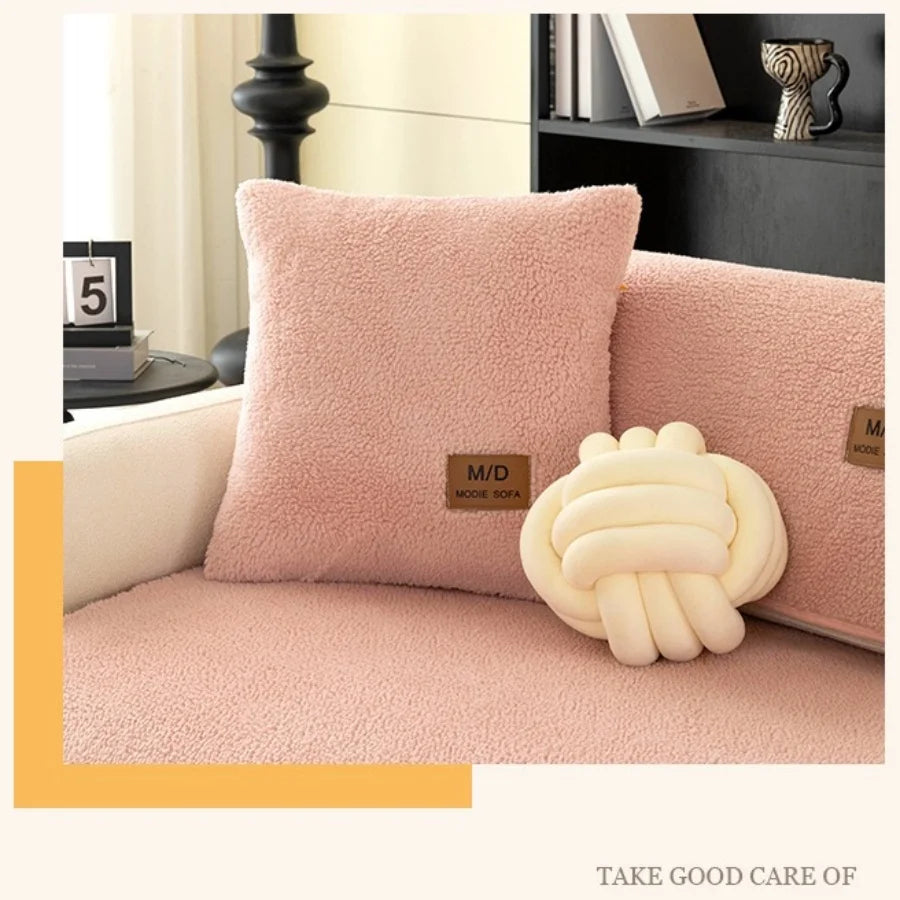 Solid Sherpa Anti-Slip Sofa Cover with PU label Decor for Living Room Coush Seat Cover, Universal Sofa Slipcover Furniture Towel