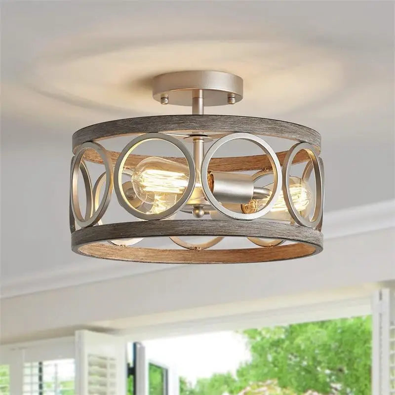 American Industrial Circular Chandelier Farmhouse Retro Iron Art Wood Grain For Restaurant Home Bedroom Ceiling Light Home Decor