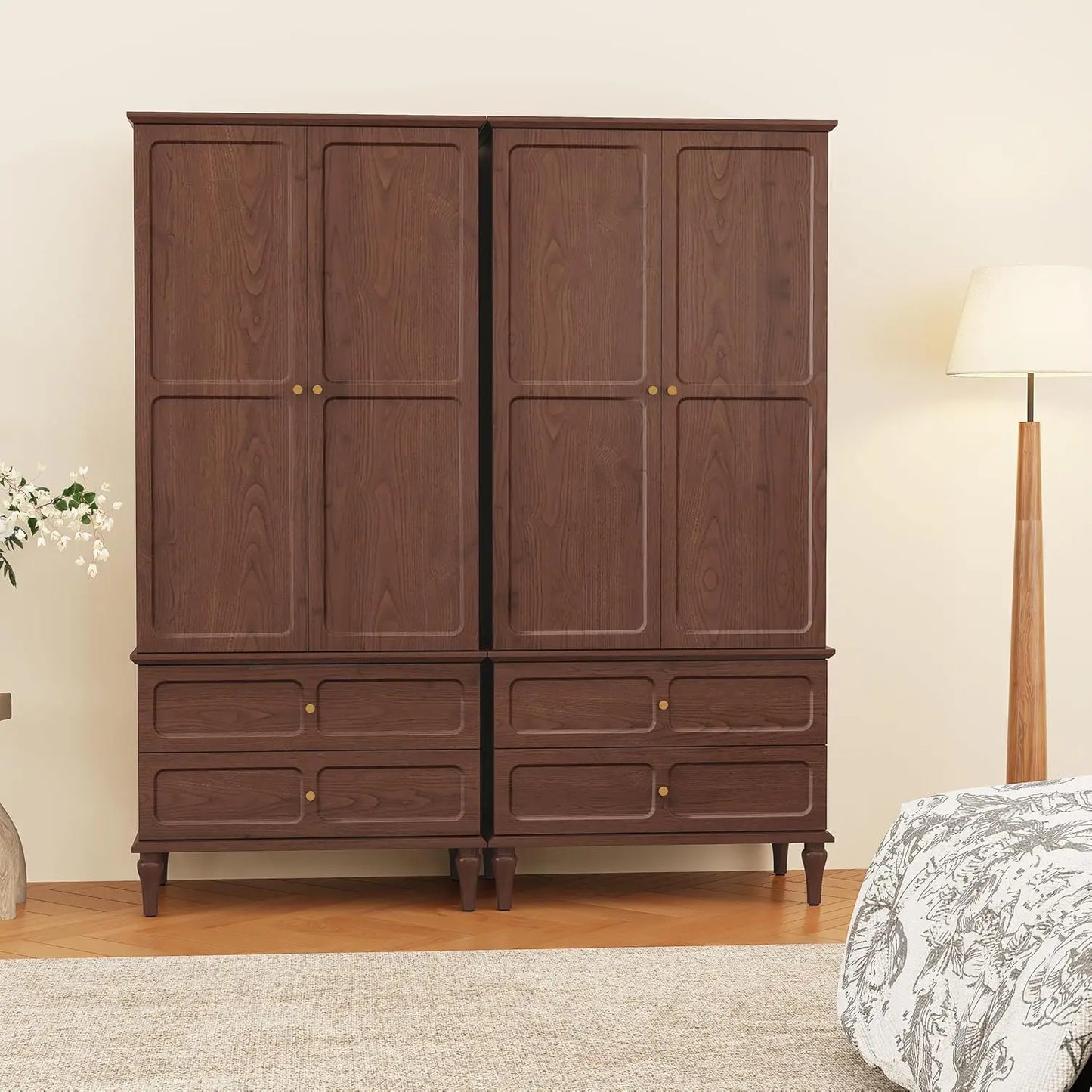 71" Mid-Century Armoire Wardrobe Closet Doors Drawers Wood Hanging Rod Bedroom Large Storage Custom