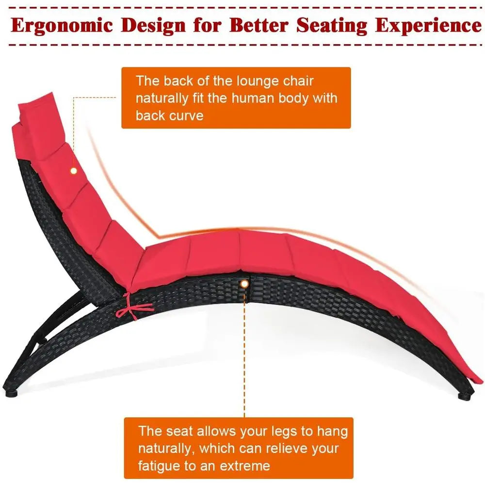 2PCS olding Rattan Lounge Chair Outdoor, Patio Wicker Chaise Lounge with Sot Cushion, Ergonomic Support Shaped, Portable Pool Lo