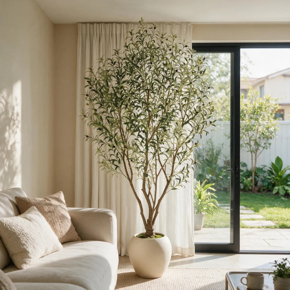 8FT Artificial Olive Tree With Big Decorative White Planter, Tall Indoor & Covered Outdoor Decorative Tree, 1pc/set