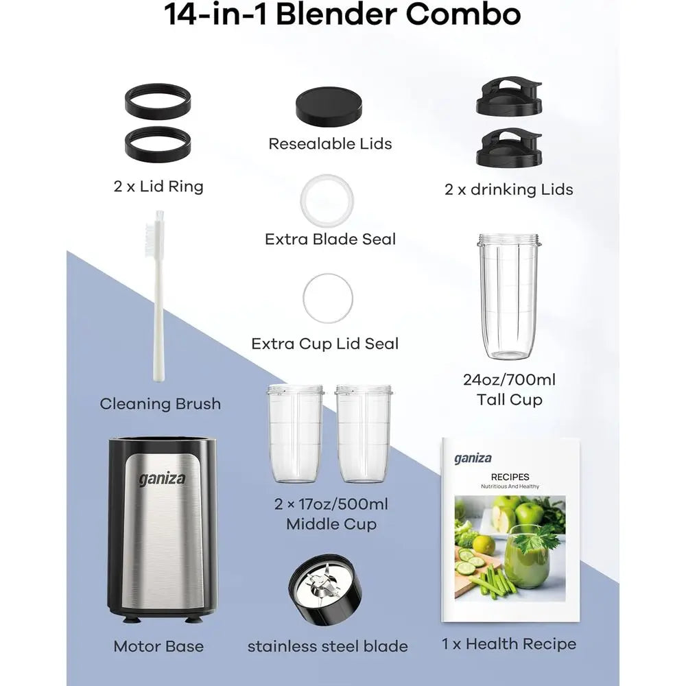 Blender or Smoothies, 14Pcs Personal Blender, Shake and Smoothies, Kitchen with 3 Portable Cups (1x24oz & 2X17oz), Single Serve