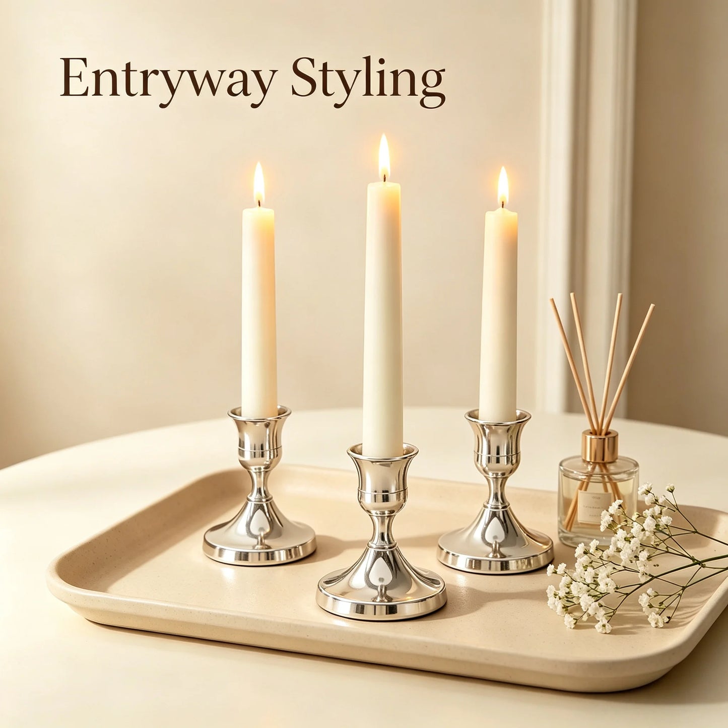 New Sliver Low Profile Candle Holder Sets Minimalist Pillar Candlestick in 3 Sizes Decorative Candle Stand for Table Centerpiece
