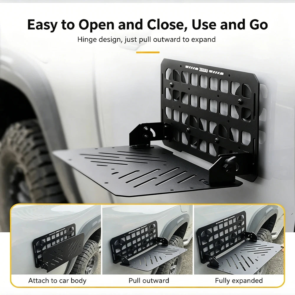 Heavy Duty Metal Foldable MOLLE Car Side Hanging Tray Off-Road SUV Camping Picnic Outdoor Travel Storage Serving Desk Gear Rack