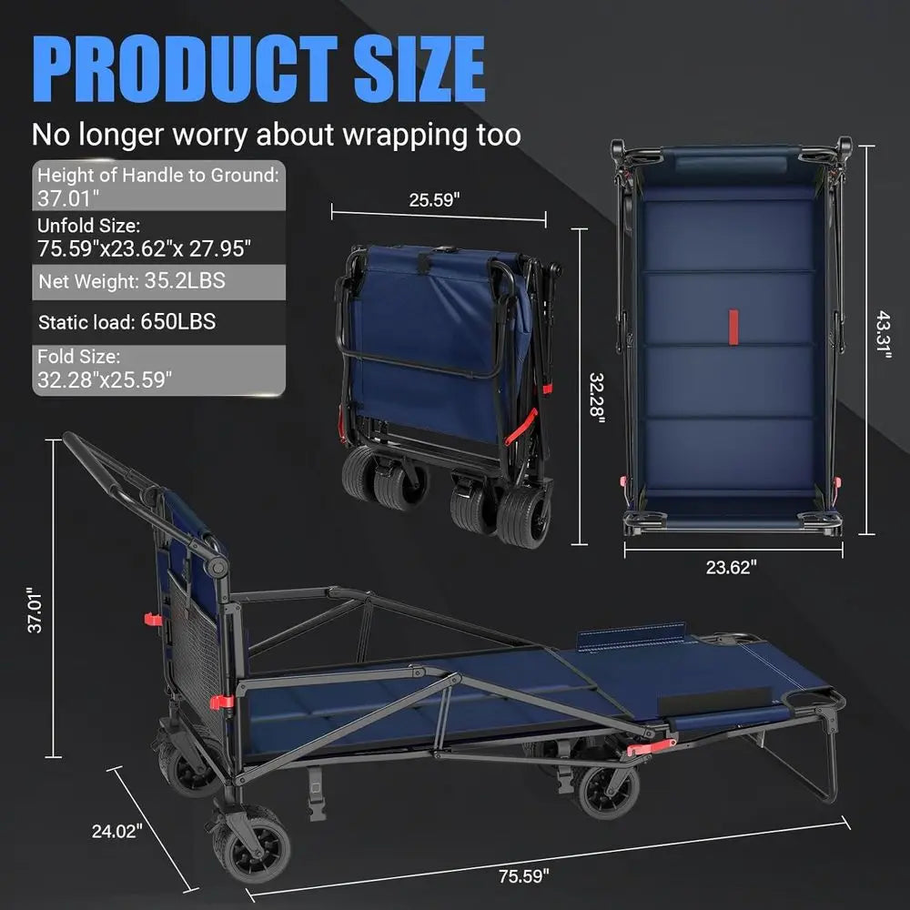 Dual-Purpose Folding Utility Wagon with Convertible Beach Chair, 650 lbs Capacity, Ideal for Outdoor Activities
