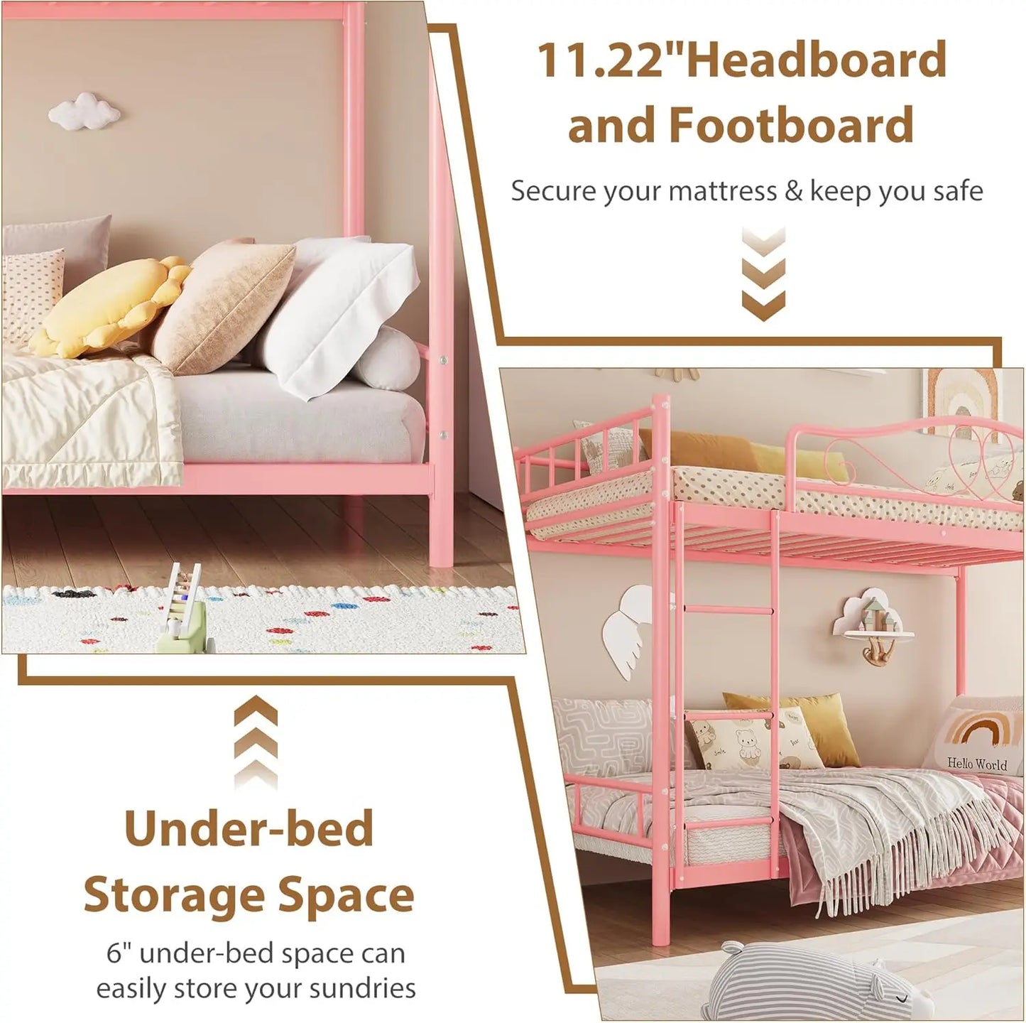 Bunk Bed Twin Over Twin with Ladder & Full Safety Guardrail, Heavy Duty Metal Twin Over Twin Bunk Bed 400 Lbs Load Capacity, Space-Saving, Noise Free, No Box Spring Needed, Easy Assembly, P
