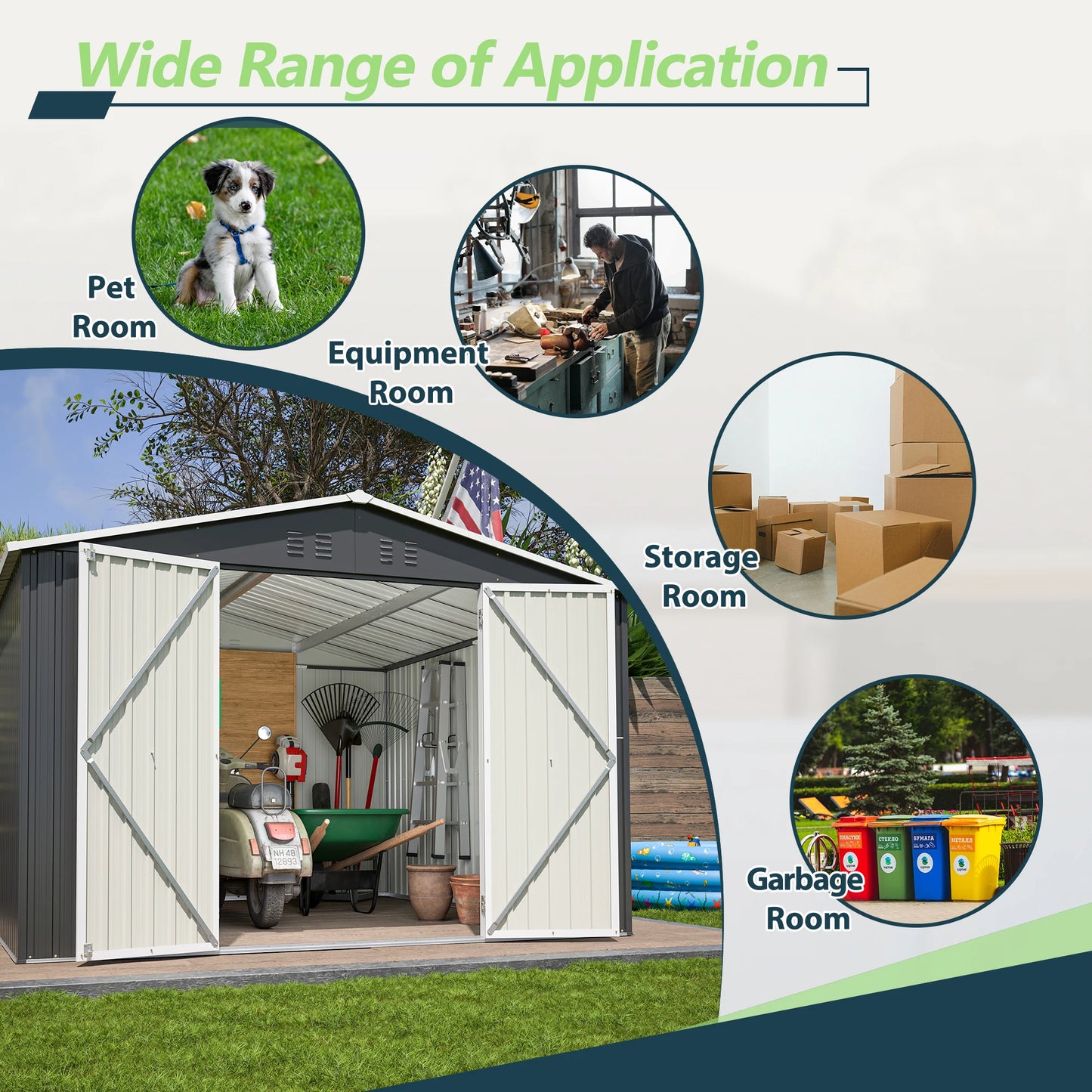 LZBEITEM Outdoor Storage Shed 10x10 FT Utility Metal Tool Storage with Lockable Doors Updated Frame Structure Black