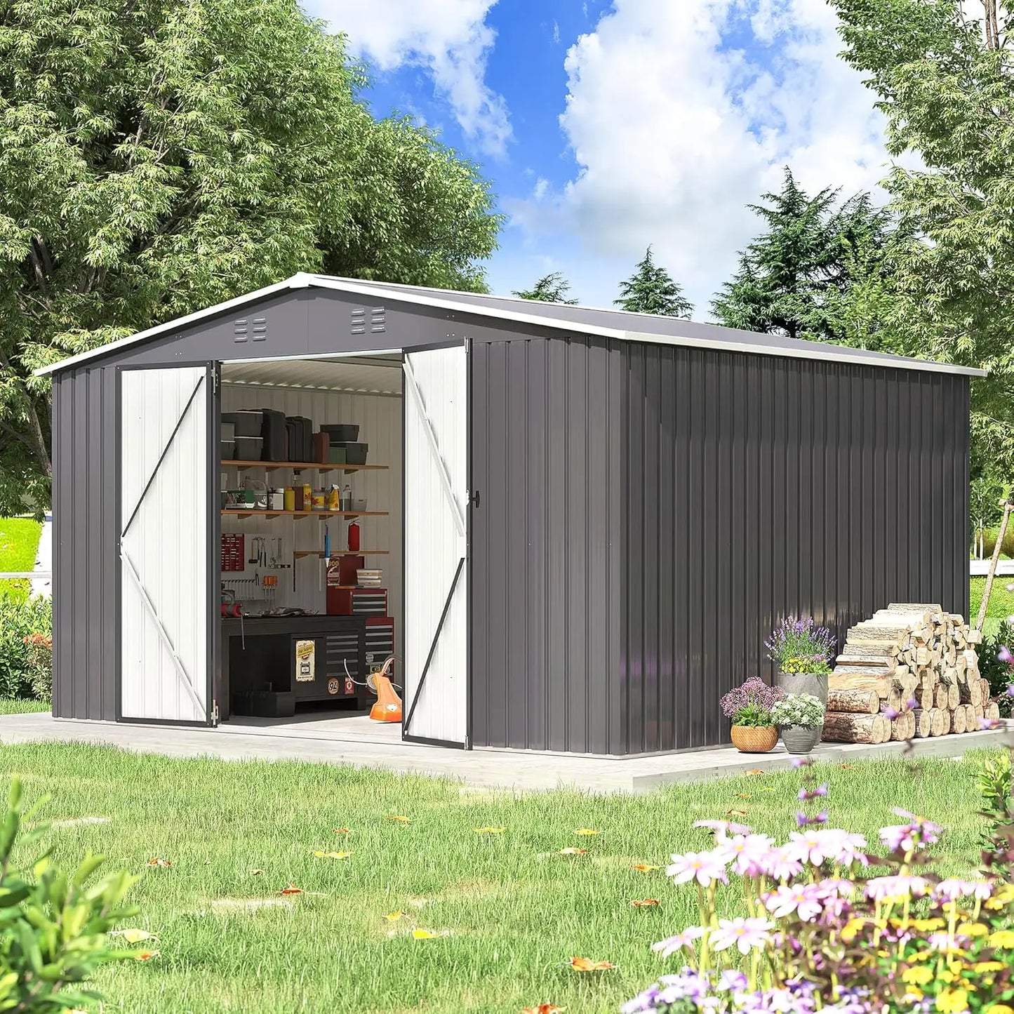 Outdoor Storage Shed Metal Garden Tool Shed Updated Frame Structure Backyard Patio Lawn 12x10 FT, Custom