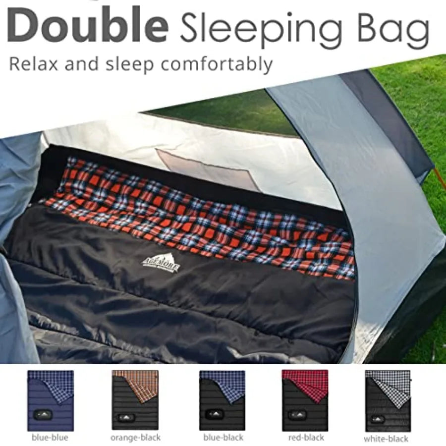 Cotton Flannel Double Sleeping Bag for Camping Backpacking or Hiking Queen Size 2 Person Waterproof Sleeping Bag for Adults or