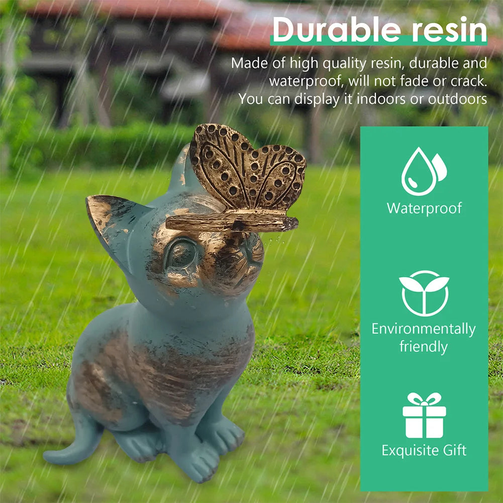Resin Kitten Statue with Butterfly Ornament Cat Animal Sculpture Handicraft Waterproof Home Decor for Courtyard Lawn