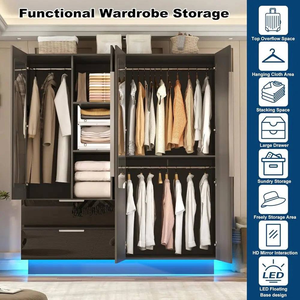 70” Tall 4 DoHigh Gloss Armoire Wardrobe Closet 2 Mirror, LED Lights, 2 Ders,63" ern Closet Wardrobe Cabinet with Shelves and Ha