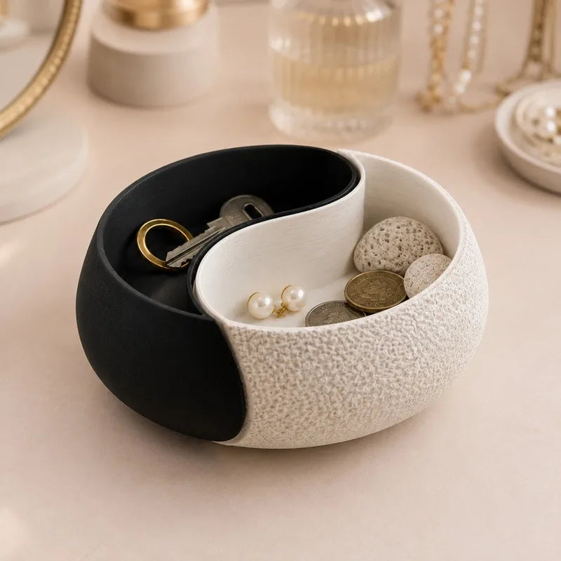 3D Printed Black & White Yin-Yang Storage Bowl, Double Compartment Jewelry Tray & Key Holder, Modern Zen Decor, For Desk, Booksh