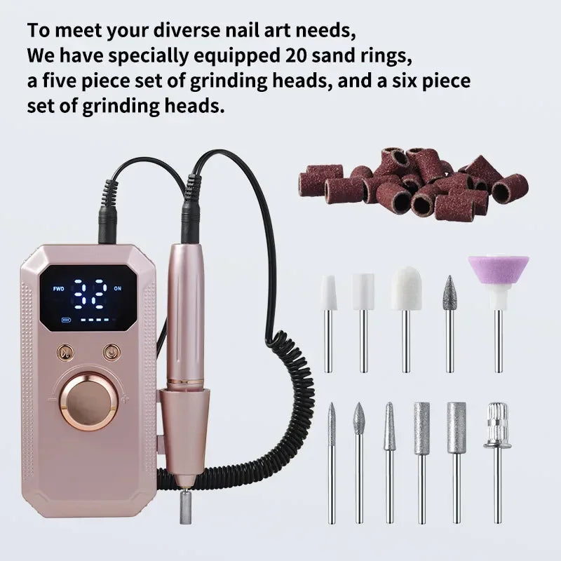Professional Cordless Rechargeable Electric Nail Drill Machine, Portable Nail File with HD LED Display and 32 Adjustable Speeds, All-in-One Manicure Pedicure Tool for Acrylic Gel Nails Polishing, Grinding and Cuticle Remover,