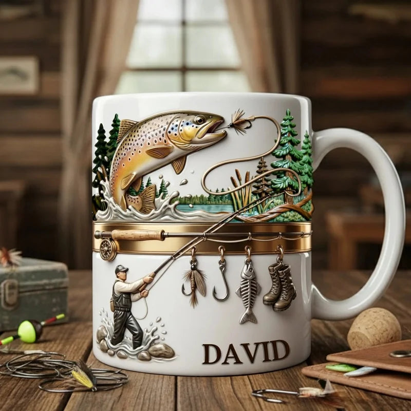 2D print Fishing Lover Gift Mug-Personalized Fishing Cup for Angler,Custom Name Fish Design Ceramic Coffee Mug Birthday Present