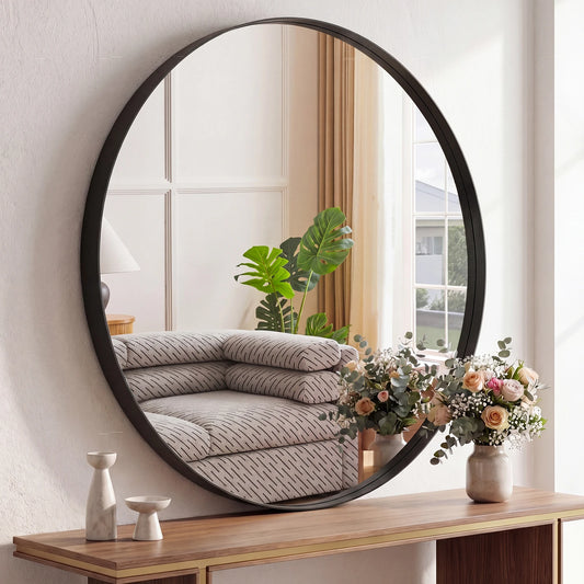 JHK Groove Gold Round Vanity Framed Mirror for Wall Bathroom Mirror for Over Sink Wall Circle Mirror with Matte Metal Frame Modern Wall Mount Vanity Mirrors for Home Decor Living Room