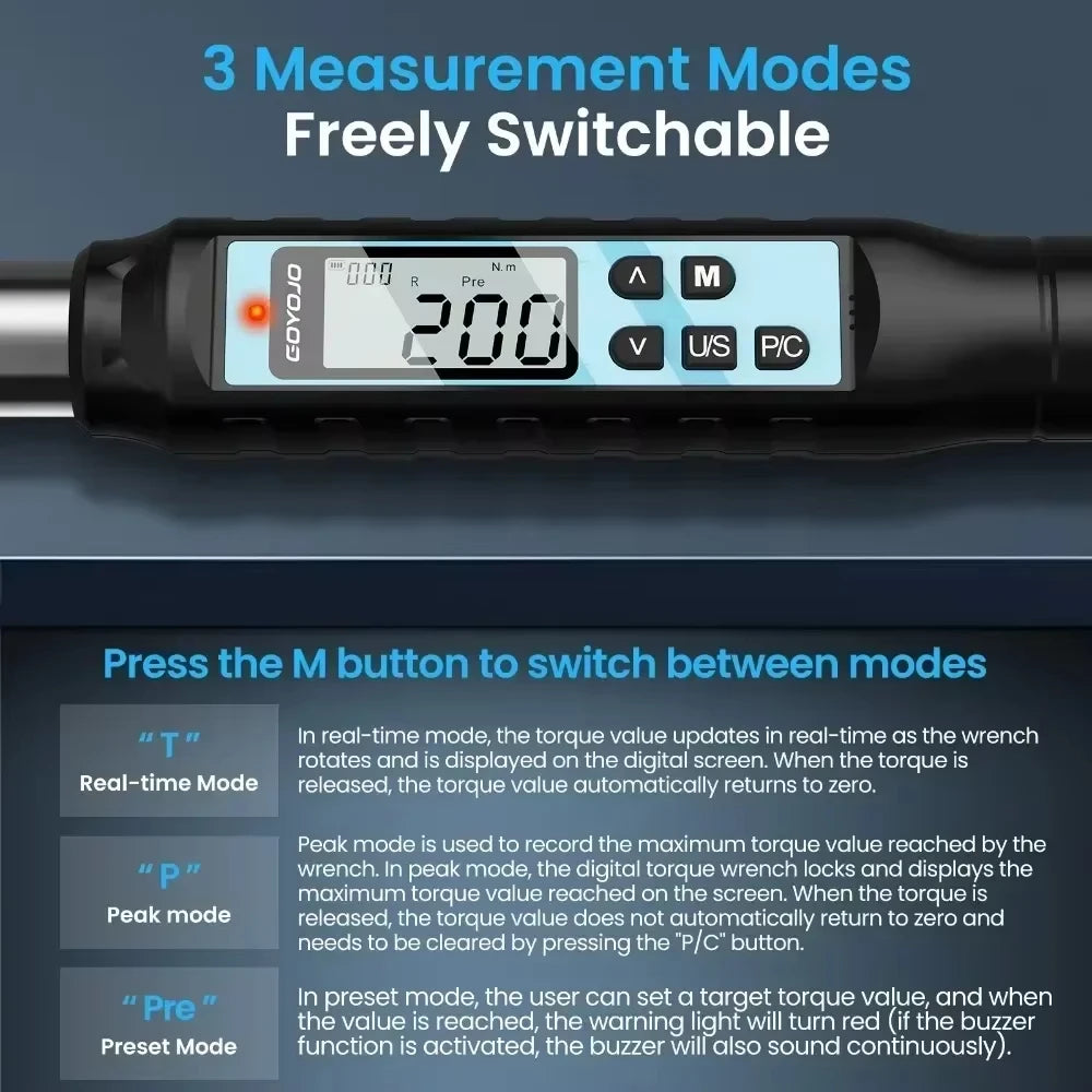 GOYOJO Digital Torque Wrench 3/8" 1/2" Drive 2% Torque Accuracy Electric Torque Wrench with 3 Adjustable Modes for Car Care