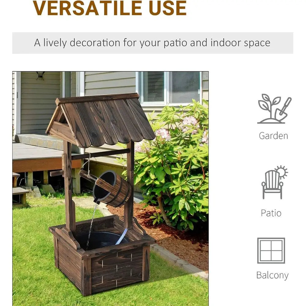 Outdoor Wooden Wishing Well Fountain with Adjustable Water Flow Rate, Outdoor Rustic Waterfall with Electric Pump, Water Bucket,