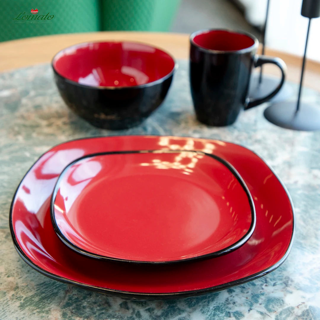 2025 Nordic Modern China Crokery Irregular 16 Pcs Glossy Red Black Modern Tableware Stoneware Ceramic Dinner Dinnerware Set