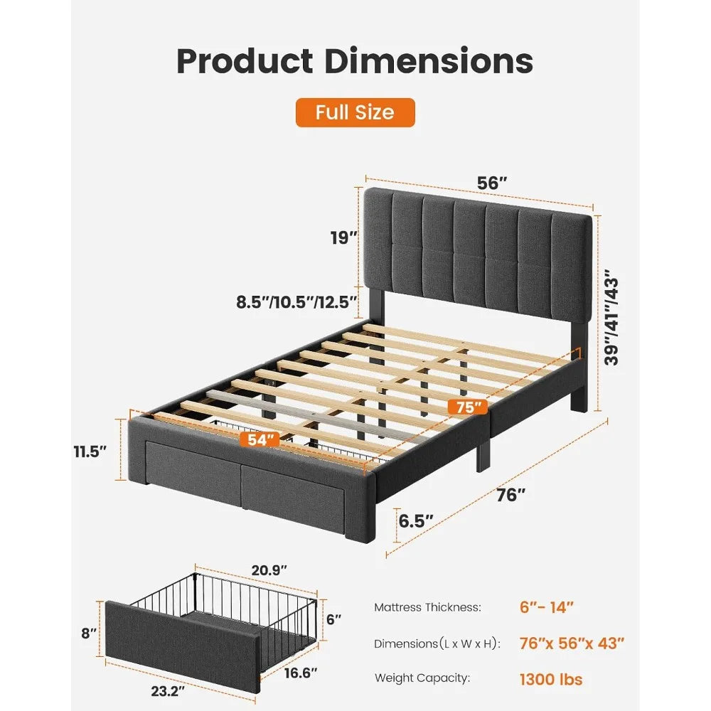 Full Size Solid Wood Platform Bed Upholstered Headboard 2 Storage Drawers 12 Sturdy Legs Fit 6"+ Mattress, Custom