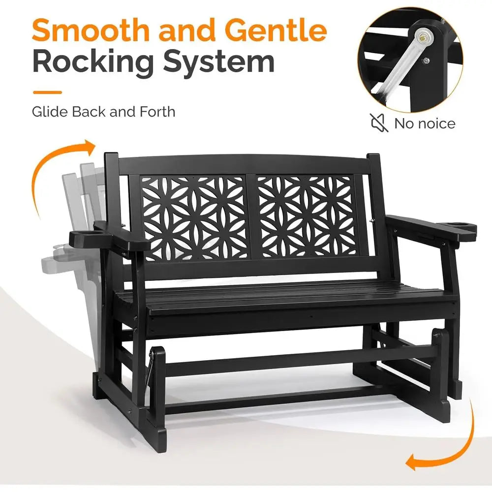 Wooden Outdoor Glider Bench with Floral Backrest, Patio Rocking Chair with Cup Holders, Ideal for Garden, Yard, and Porch (Black