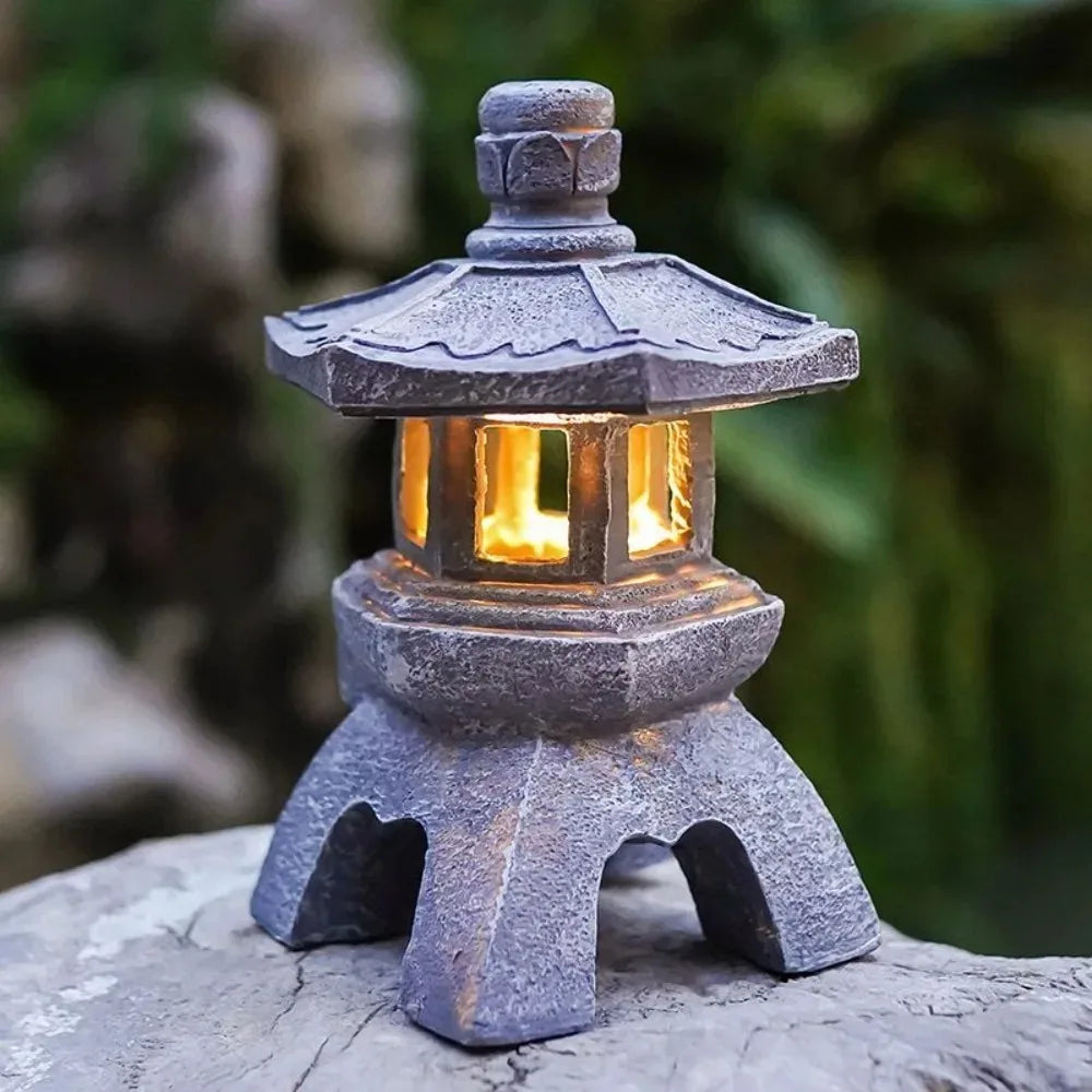 Solar Powered Lamp Garden Accessories Oriental Stone Pagoda Sculpture Zen Palace Lantern Outdoor Light Garden Ornament