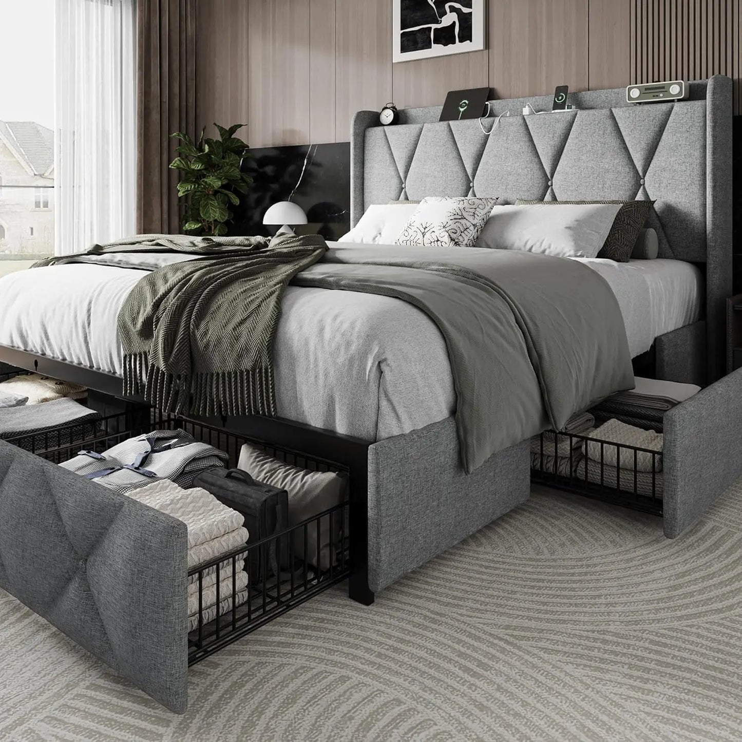 Bed Frame with 4 Storage Drawers and Charging Station Upholstered Platform Bed Frame with Storage Headboard No Box Spring Needed