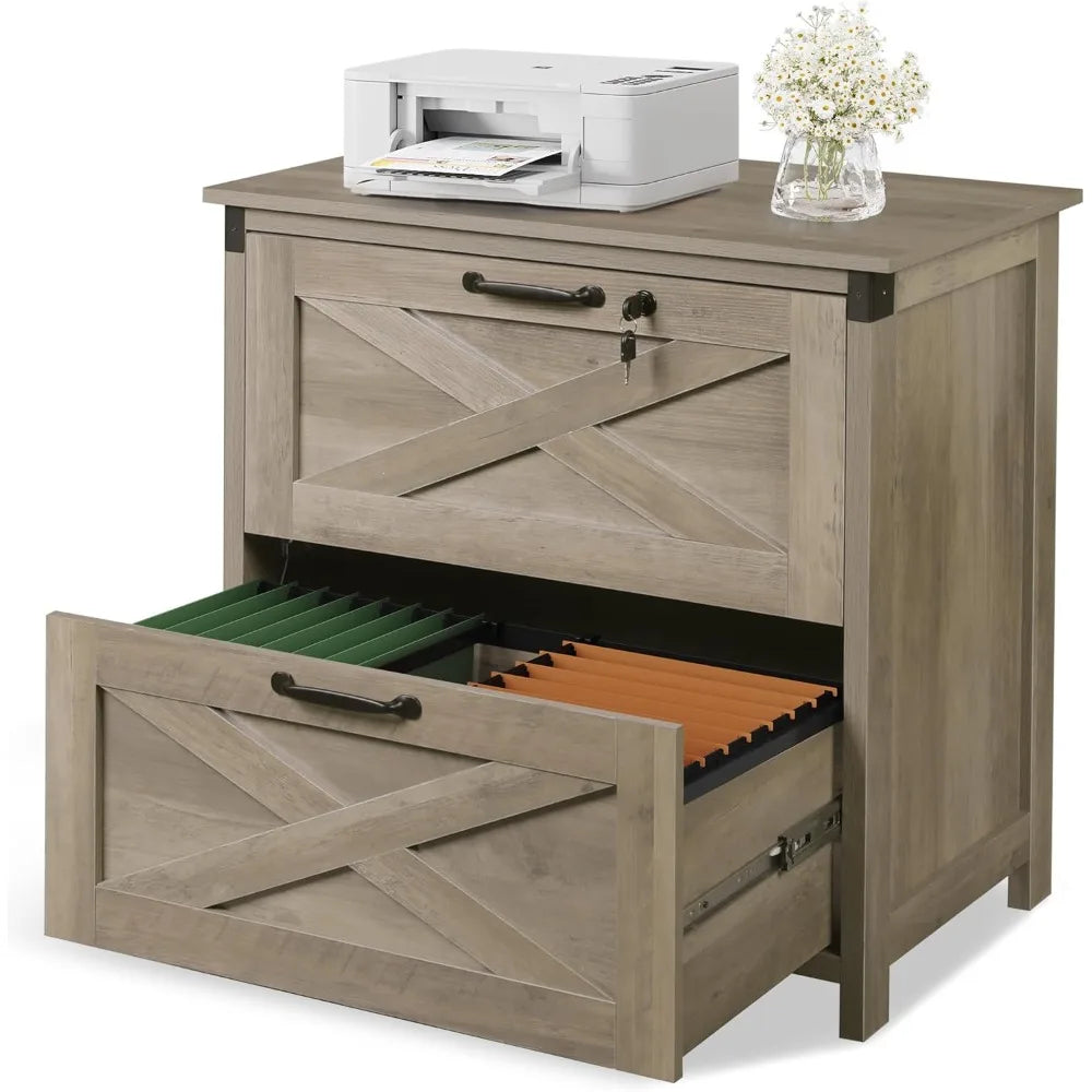2 Drawer File Cabinet with Lock, Wood Farmhouse Filing Cabinet for Home Office, Printer Stand Fits Letter and A4 Size