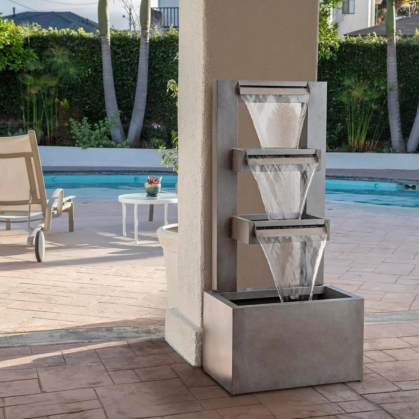 43" Tall Multi-Tier Waterfall Fountain - Industrial Style Water Feature for Garden, Patio, Yard, Backyard, Relaxing Water Flow,