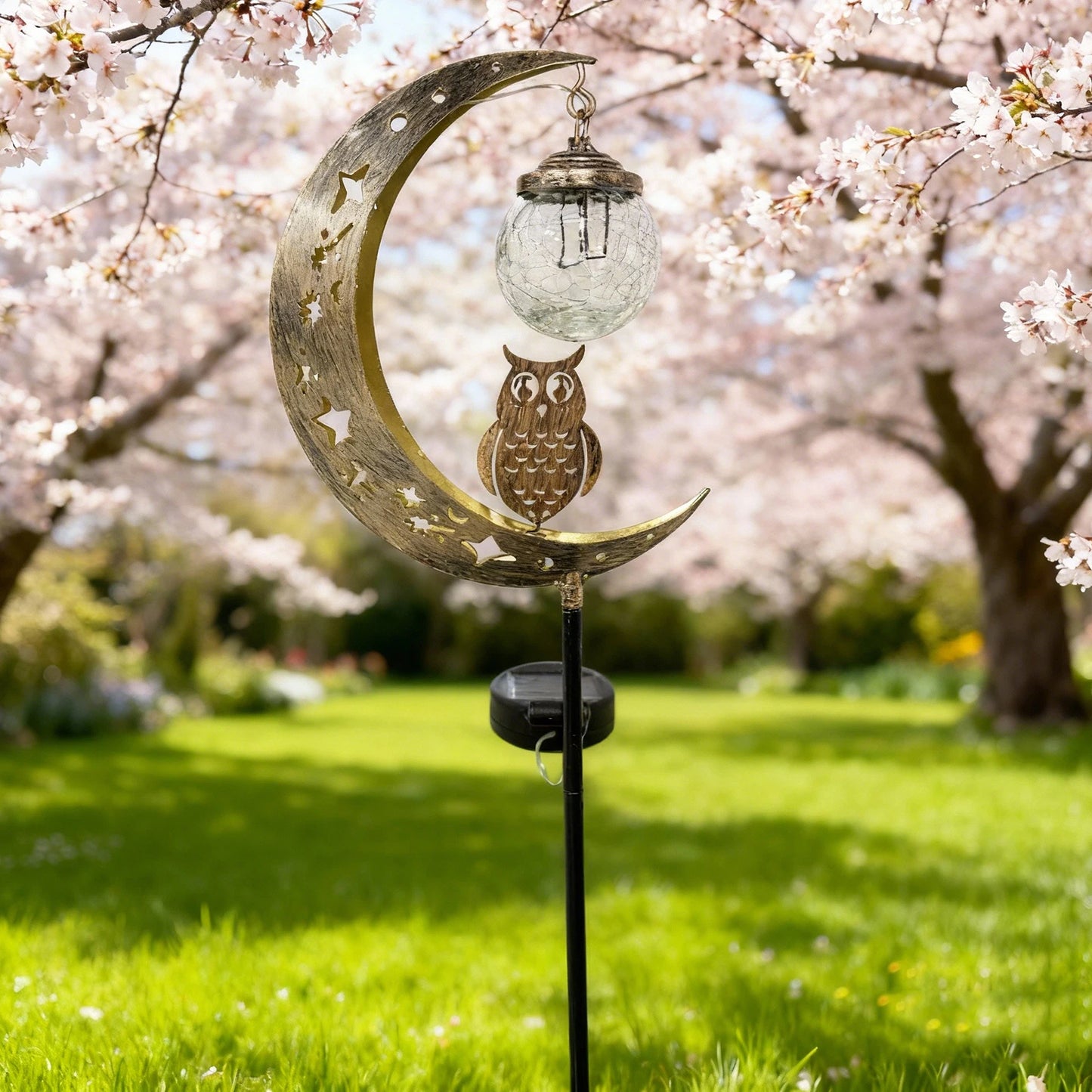 Solar Moon Ground Light With Decorative Owl And Glass