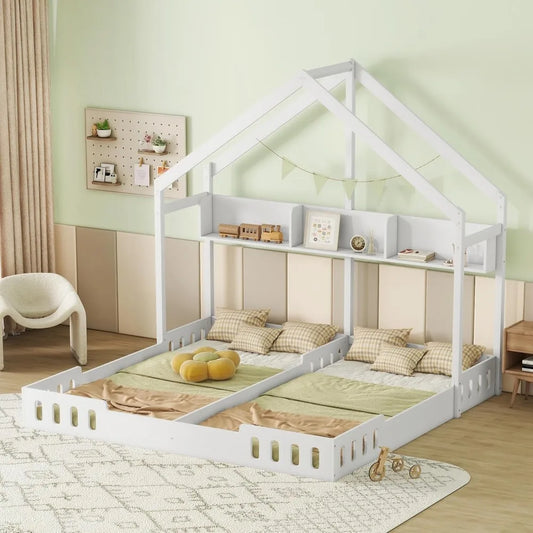 PurLOVE House Bed For Two Kids With Railings Storage