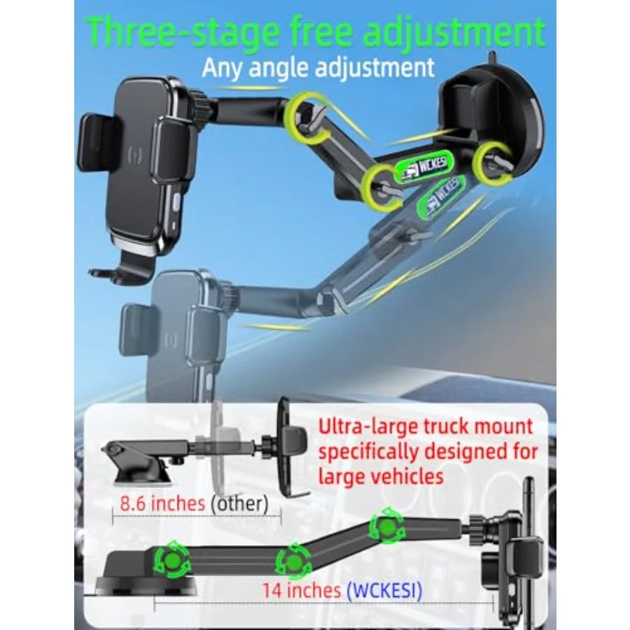 Truck Phone Holder Wireless Car Charger Mount, 15W Fast Charging Vacuum Phone Holder 14 Inch Long Arm Heavy Duty Pickup Windshi