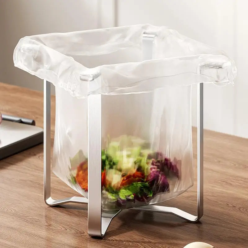 Foldable Garbage Bag Holder Stainless Steel Trash Bag Stand Countertop Waste Bag Support Rack Kitchen Sink Food Scrap Organizer