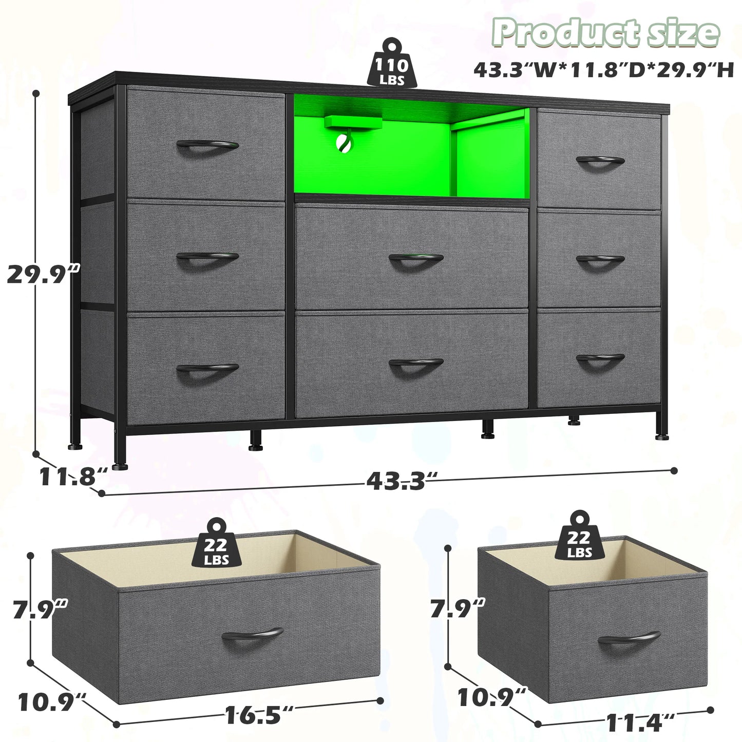 EnHomee 8-Drawer Media Dresser with LED Lighting & Built-in Charging Station - Fabric Storage Cabinet for 55" TVs, Ideal for Bedroom