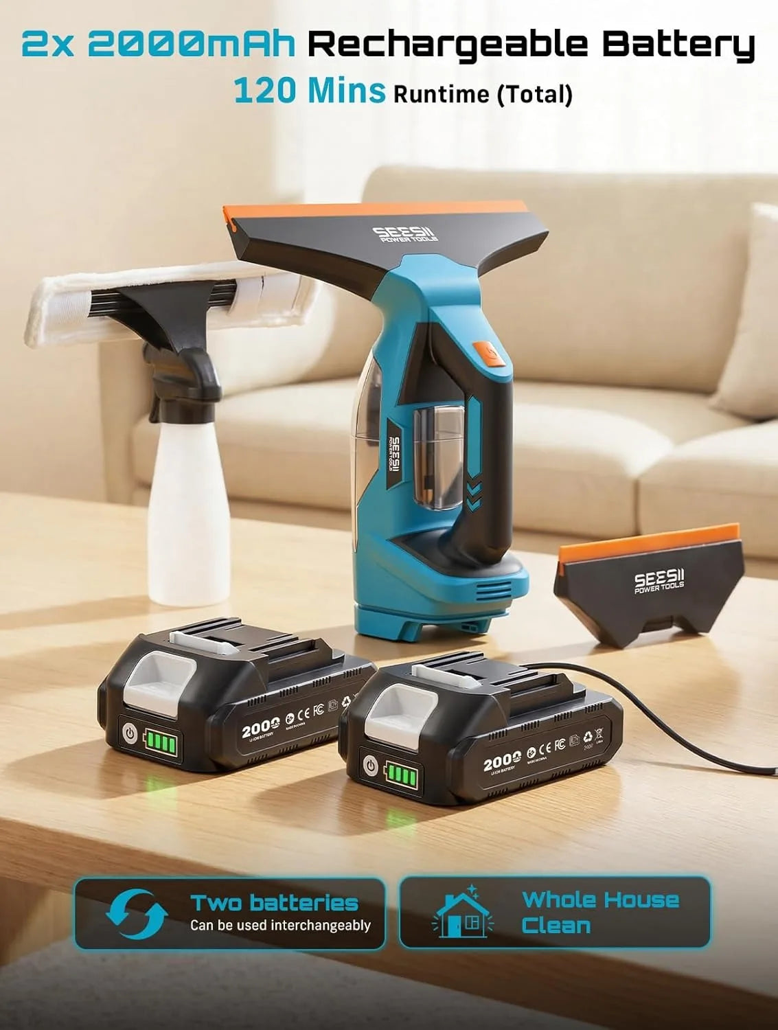 SEESII Cordless Window Vacuum Cleaner 2000PA Suction Power 4.0mAh Battery Windown Spray Cleaning Tool Set with Squeegee Blade for Mirror Glass Countertop Tile