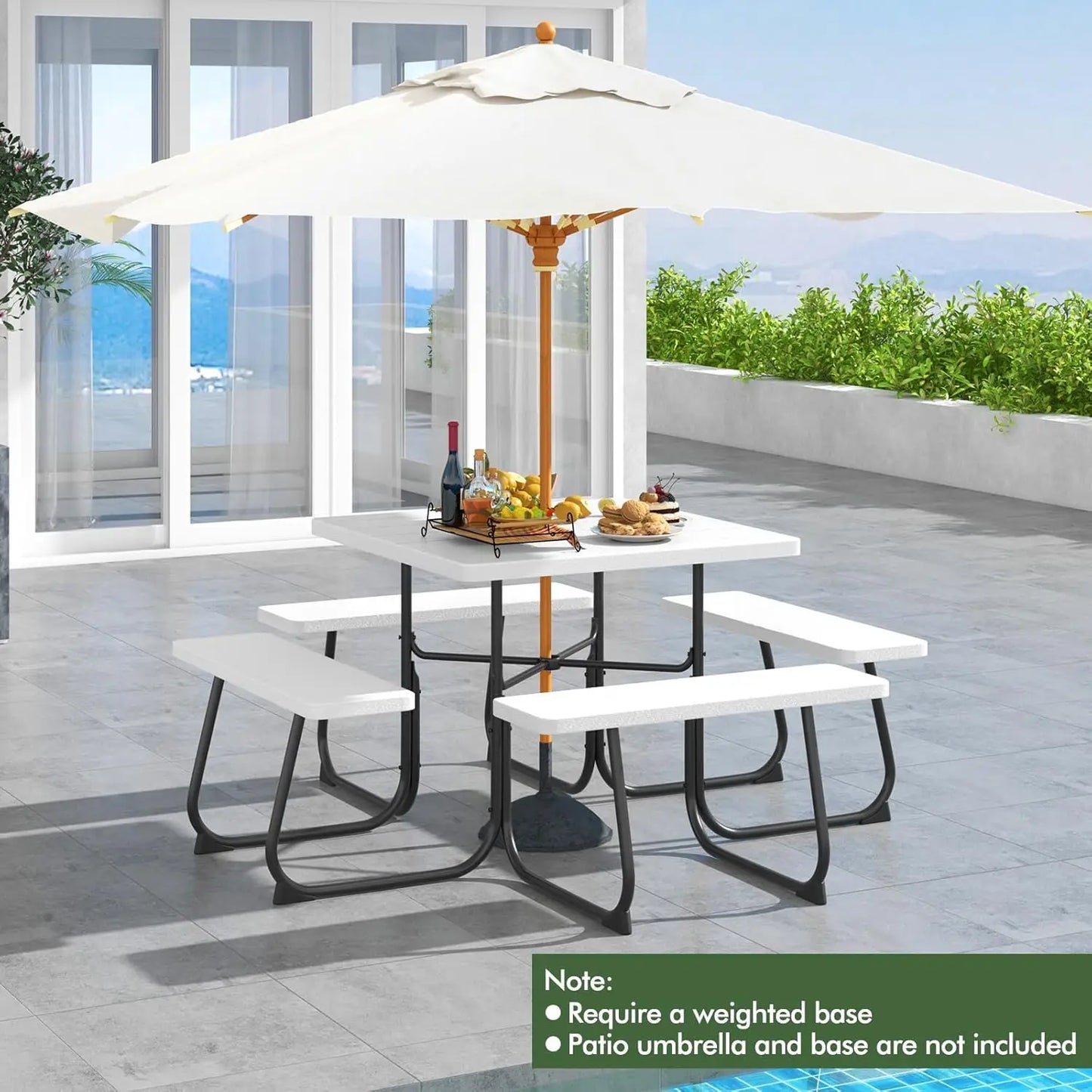 4-8 Person Square Picnic Table Bench Set with Umbrella Hole, Outdoor Camping Table HDPE Material Metal Frame for Patio Garden