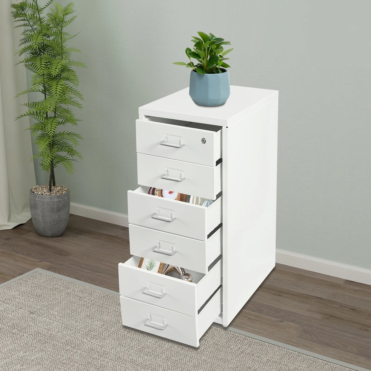 6 Drawer File Cabinet with Lock, Vertical Filing Storage Cabinets with Wheels Metal Rolling Organizer for Home Office Study