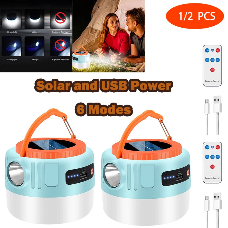 1/2X Powerful Solar LED Camping Lamp Waterproof Portable Lanterns Emergency Lights For BBQ Hiking USB Rechargeable Tent Lanterns